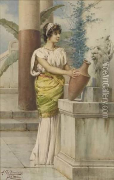 Jeune Femme Puisant De L'eau A Une Fontaine Oil Painting - Achille De Dominicis