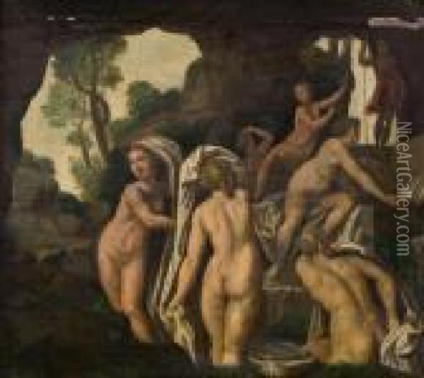 Aktaeon Beobachtet Diana Und Ihre Nymphen Im Bad Oil Painting - Giulio Romano