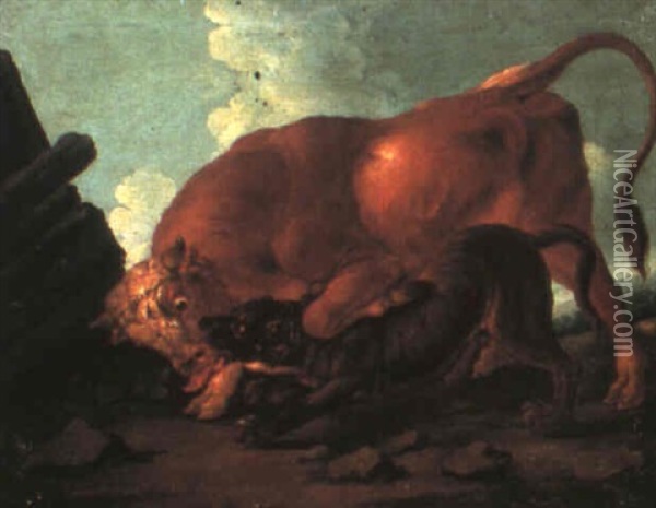 A Dog Attacking A Bull Oil Painting - Johann Melchior Roos