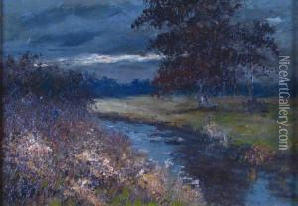 Evening Autumn Landscape With Trees Under Stormy Sky Oil Painting - George Herbert Baker