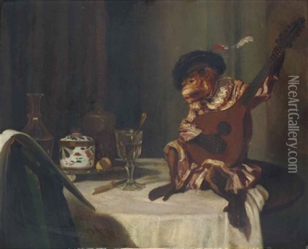 Le Singe Musicien Oil Painting - Alexandre Gabriel Decamps