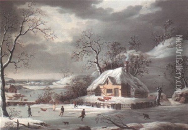 Winter Scene With Figures Skating On A Frozen River Oil Painting - Joseph Francis John Gilbert