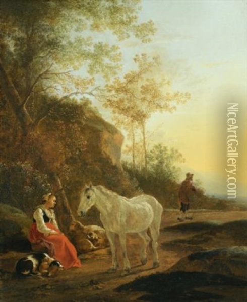 Landscape With A Shepherdess And A White Horse Oil Painting - Adam Pynacker
