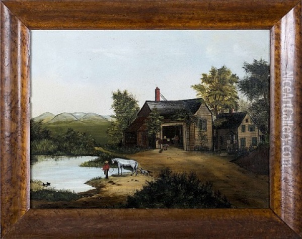 Landscape With Farmhouse, Blacksmith's Shop And Pond Oil Painting - Joseph Henry Hidley