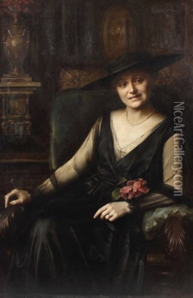 Portrat Einer Dame Mit Schwarzem Hut Und Tullkleid Oil Painting - Gustav Frank