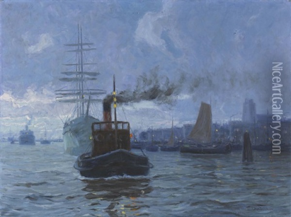 Abendlicher Hafen Mit Einem Schlepper Oil Painting - Paul Kutscha