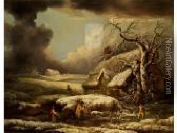 Winterlandschaft Mit Tief 
Verschneiten Bauernhausern Und Reisigsammlern Unter Bewegtem 
Wolkenhimmel Oil Painting - George Morland