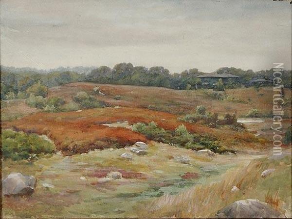 Rockylandscape With House And Trees In The Distance. Oil Painting - Sydney Richmond Burleigh