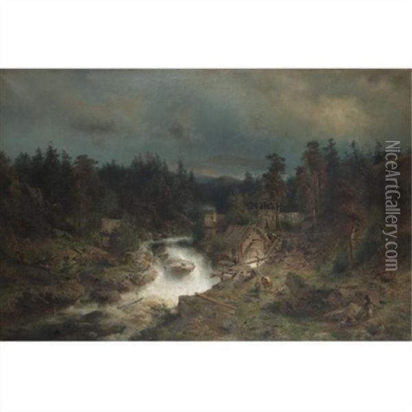 Old Mill At The Waterfall Oil Painting - Hermann Herzog