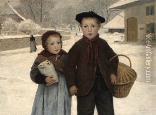 Zwei Kleine Botenganger Im Winter Oil Painting - Albert Anker