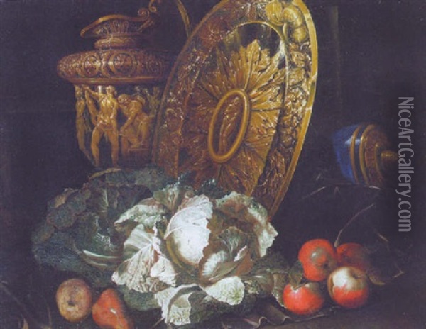 Cabbages, Apples And Pears By A Silver Gilt Platter And A Sculpted Ewer Oil Painting - Bartolommeo Bimbi