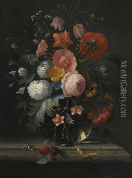 Still Life Of Roses, Fritillaria, Viburnum And Other Flowers In A Glass Vase Resting On A Ledge, With A Snail And Butterfly Oil Painting - Pieter Gallis