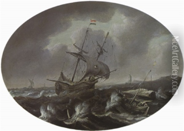 A Merchantman And Other Sailing Vessels In A Storm Near A Coast Oil Painting - Bonaventura Peeters the Elder