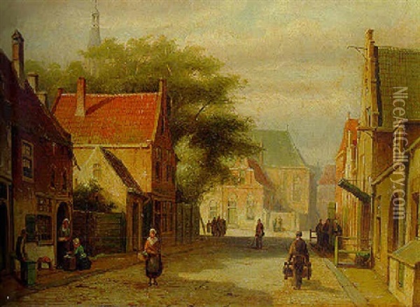 A Sunlit Street With Villagers Oil Painting - Willem Koekkoek