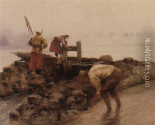 Musselplockning I Bretagne Oil Painting - August Vilhelm Nikolaus Hagborg