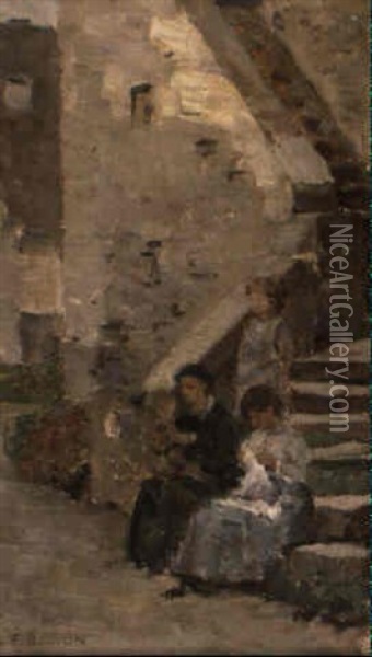 Zwei Frauen Mit Kindern In Einem Hof Oil Painting - Francois-Louis-David Bocion
