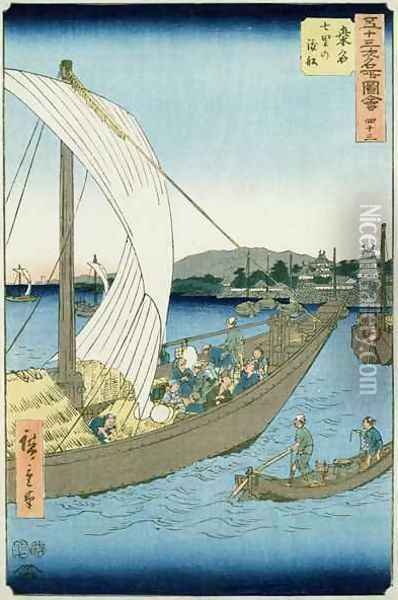 Kuwana Landscape from 53 Famous Views Oil Painting - Utagawa or Ando Hiroshige
