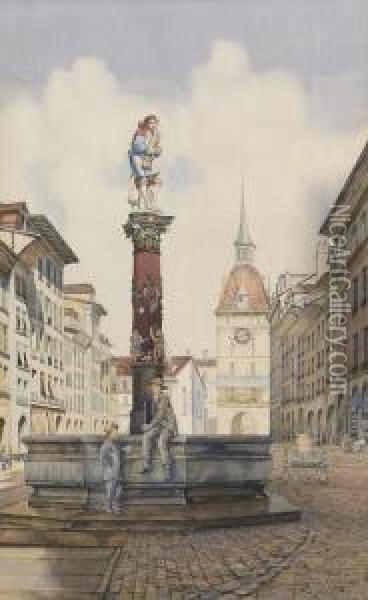 Pfeiferbrunnen In Der Spitalgasse Mit Kafigturm. Oil Painting - Louis Saugy