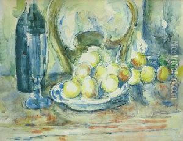 Still Life With Chair, Bottles And Apples Oil Painting - Paul Cezanne