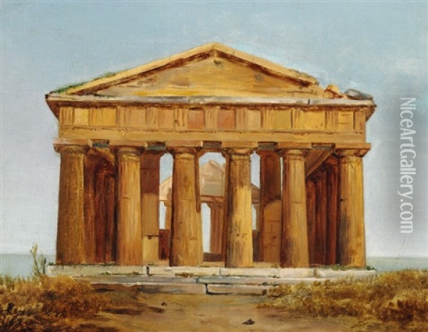 View Of The Temple Of Ceres/athena At Paestum Oil Painting - Constantin (Carl Christian Constantin) Hansen