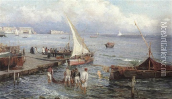 Awaiting The Day's Catch, Bay Of Naples Oil Painting - Attilio Pratella