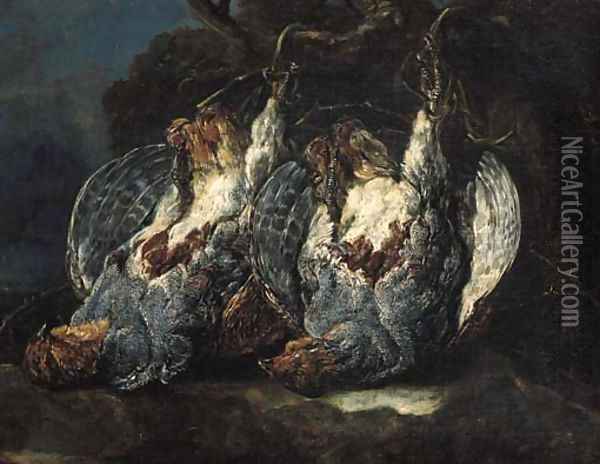 Dead partridges suspended from ropes on a tree in a forest Oil Painting - Jan Fyt