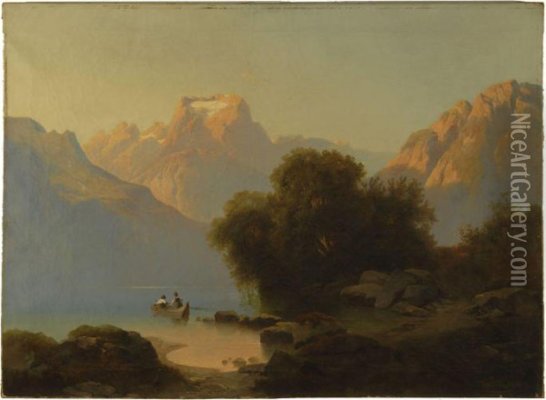 Canoers On A Mountain Lake Oil Painting - Josef Thoma