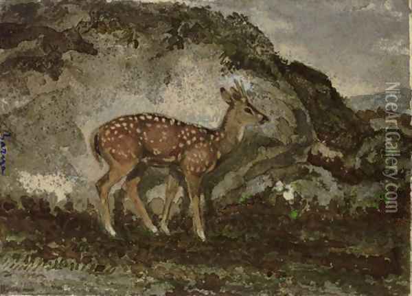 A Fawn Oil Painting - Antoine-louis Barye