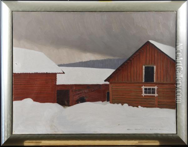 Gardsmotiv I Vinterlandskap Oil Painting - Gunnar Hallstrom
