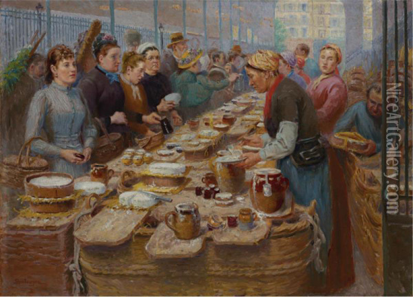 Marchandes De Creme Et De 
Fromage Blanc Aux Halles (cream And Cheese Sellers Of Les Halles) Oil Painting - Edouard Jean Dambourgez