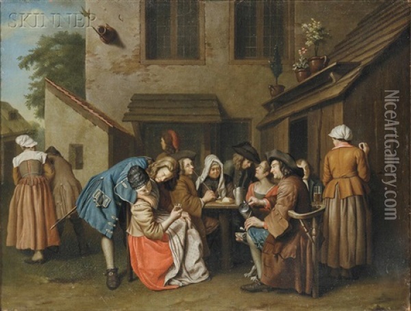 Figures Gathered In A Tavern Courtyard Oil Painting - Peter Horemans