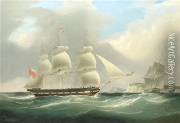 The Full-rigged Merchantman Annandale Heaving-to For The Arrival Of The Pilot Cutter Oil Painting - William John Huggins