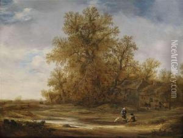 Extensive Landscape With Farmhouses And Staffage Figures Oil Painting - Jacob van Mosscher