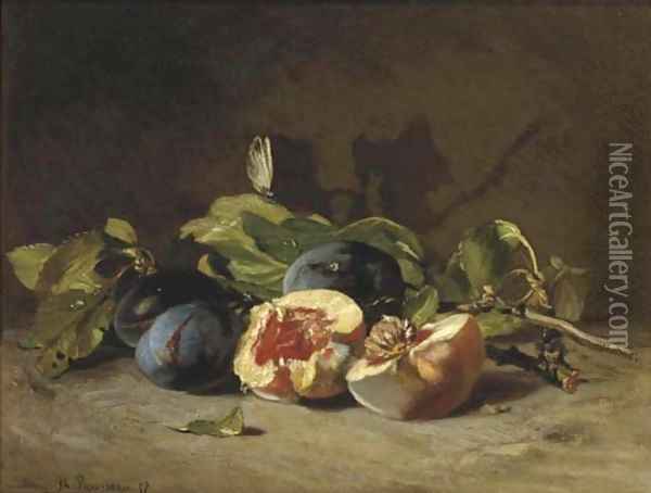 Prunes and a peach Oil Painting - Philippe Rousseau