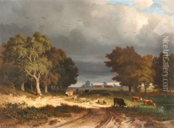 Gewitterlandschaft Mit Weidenden Kuhen Und Schafen Oil Painting - Francois Auguste Ortmans