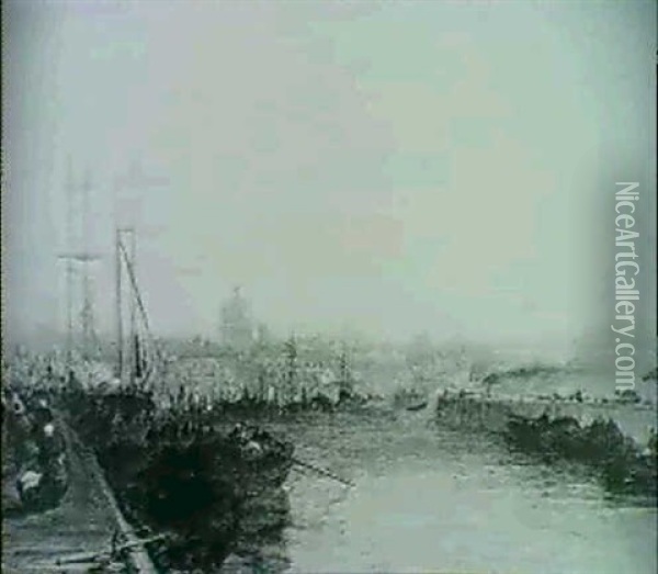 Dunkerque Harbour - Evening  Calais From The  Pier Oil Painting - Arthur Joseph Meadows