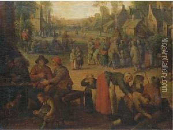 A Village Scene With Numerous Peasants And A Travelling Merchant Beyond Oil Painting - Cornelius Droochsloot
