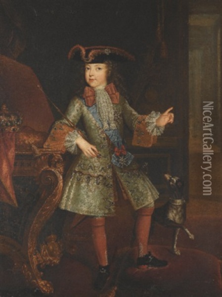 Portrait Of Louis Xv Of France As A Child, Standing Full Length In An Interior, Beside A Dog, His Crown On A Table Beside Him Oil Painting - Augustin Oudart Justinat