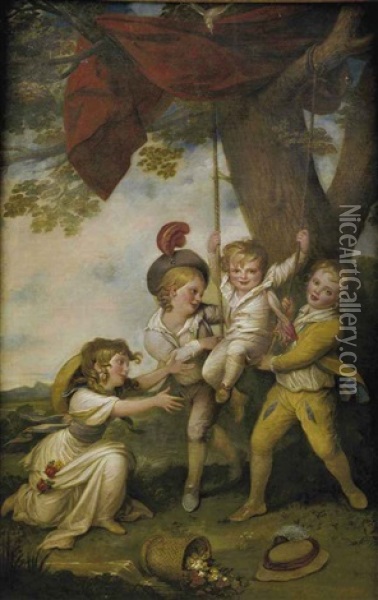 Group Portrait Of The Children Of Edmund Boyle, 7th Earl Of Cork, Playing With A Swing Oil Painting - Richard Cosway