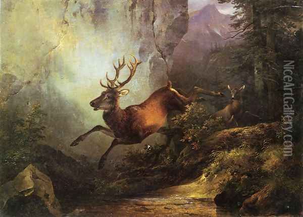 Deer Running through a Forest Oil Painting - Friedrich Gauermann