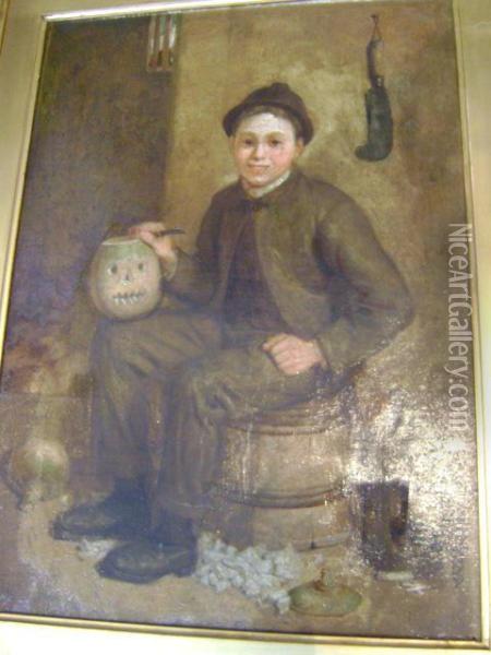 Boy Carving A Turnip Seated On A Barrel Oil On Canvas Oil Painting - James Campbell