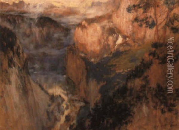 A Mountain Valley Oil Painting - Frederick Arthur Bridgman