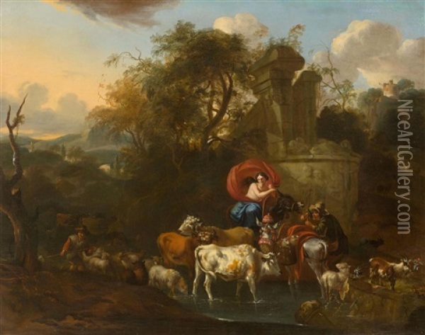 An Arcadian Landscape With Ruins And Figures Oil Painting - Michiel Carree