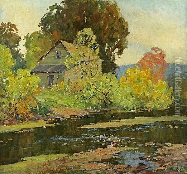 House By A Pond Oil Painting - Jess Carl Hobby