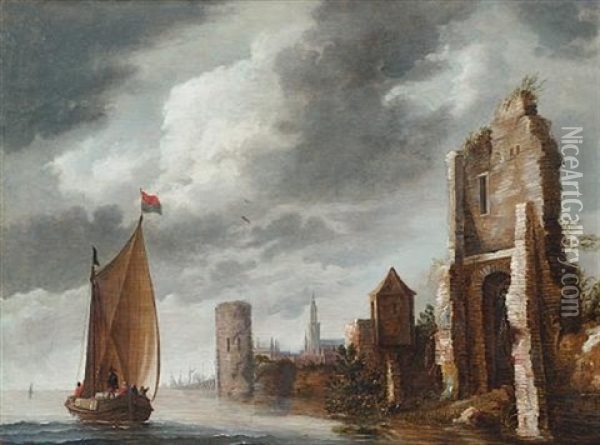 A River Landscape With Ruins On The Bank And A View To A City Beyond Oil Painting - Pieter Segaer