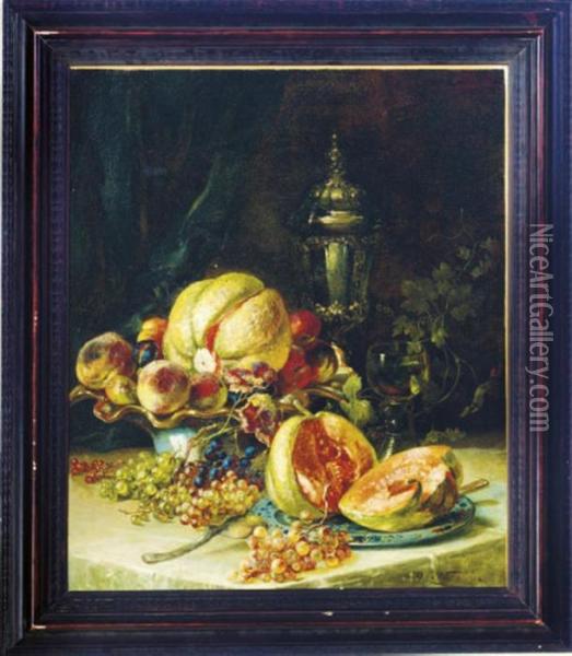 Still Life Of Grapes, Melons And Peaches On A Table Oil Painting - August Von Wille