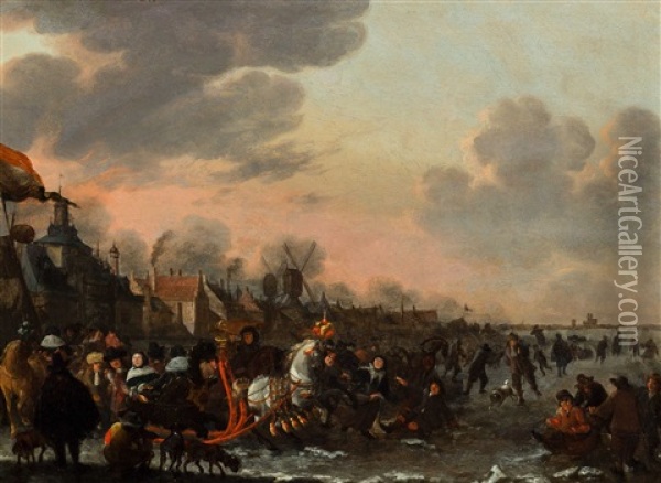 A Sleigh And Iceskaters On The Frozen Canal Nearby The Oude Ooster Hoofdpoort In Rotterdam Oil Painting - Hendrick De Meijer
