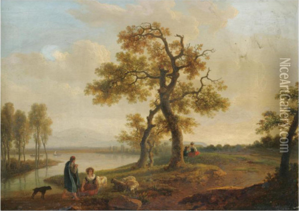 A River Landscape With Peasants Resting By The Water With Their Sheep Oil Painting - Jean-Baptiste Bocquet