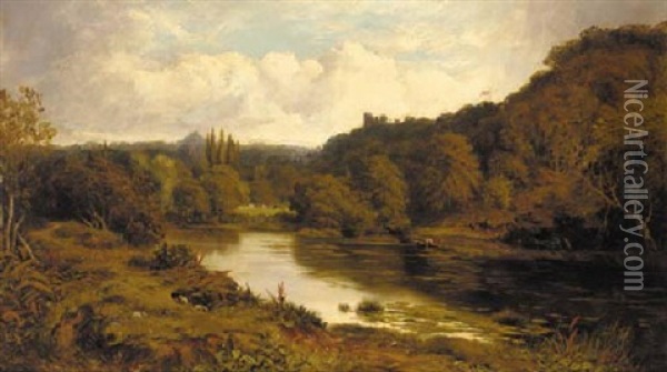 A Figure In A Rowing Boat In A Tranquil River Landscape, A Castle Beyond Oil Painting - James Kinnear