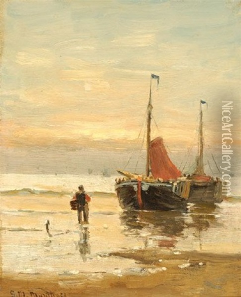 A Fisherman By Two Boats On The Beach Oil Painting - Gerhard Arij Ludwig Morgenstjerne Munthe